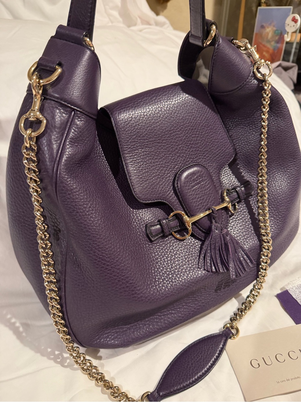 Gucci Purple Leather Shoulder Bag with Gold Chain and Tassel - Picture 2 of 7